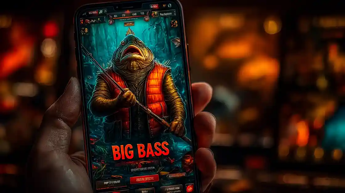 A close-up of a hand holding a smartphone showcasing a BIG BASS fishing game, featuring an anthropomorphic fish character, highlighting the engaging casual games on tk111.