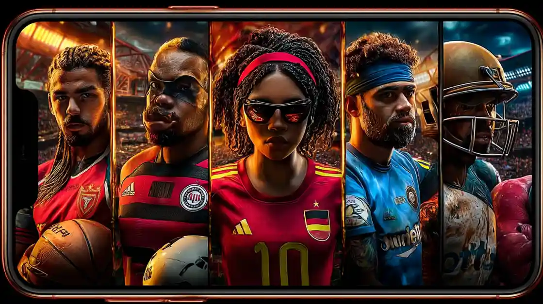 A smartphone screen displays a powerful collage of diverse male and female athletes from various sports, including football and soccer, representing the comprehensive sports betting options at tk111.