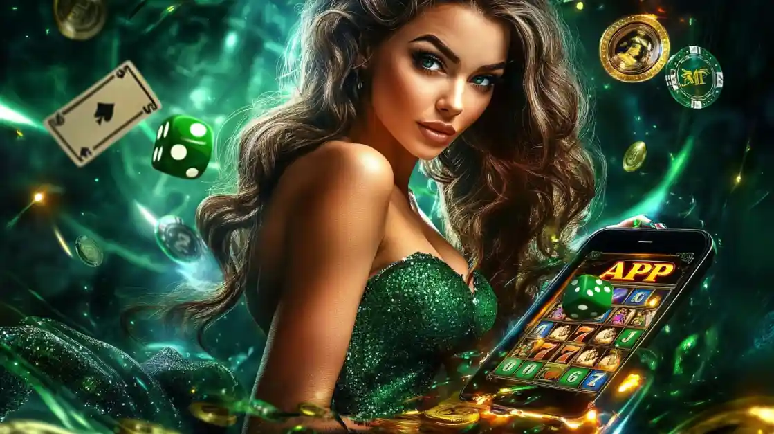 An enchanting woman with flowing hair, adorned in green, gazes captivatingly, surrounded by floating cards, dice, and coins, alongside a smartphone featuring the tk111 gaming app.