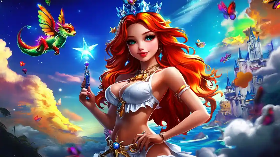 A vibrant fantasy scene featuring a beautiful princess with fiery red hair and a crown, holding a magic wand, with a small winged dragon and a fairytale castle in the background, embodying the magical world of tk111.