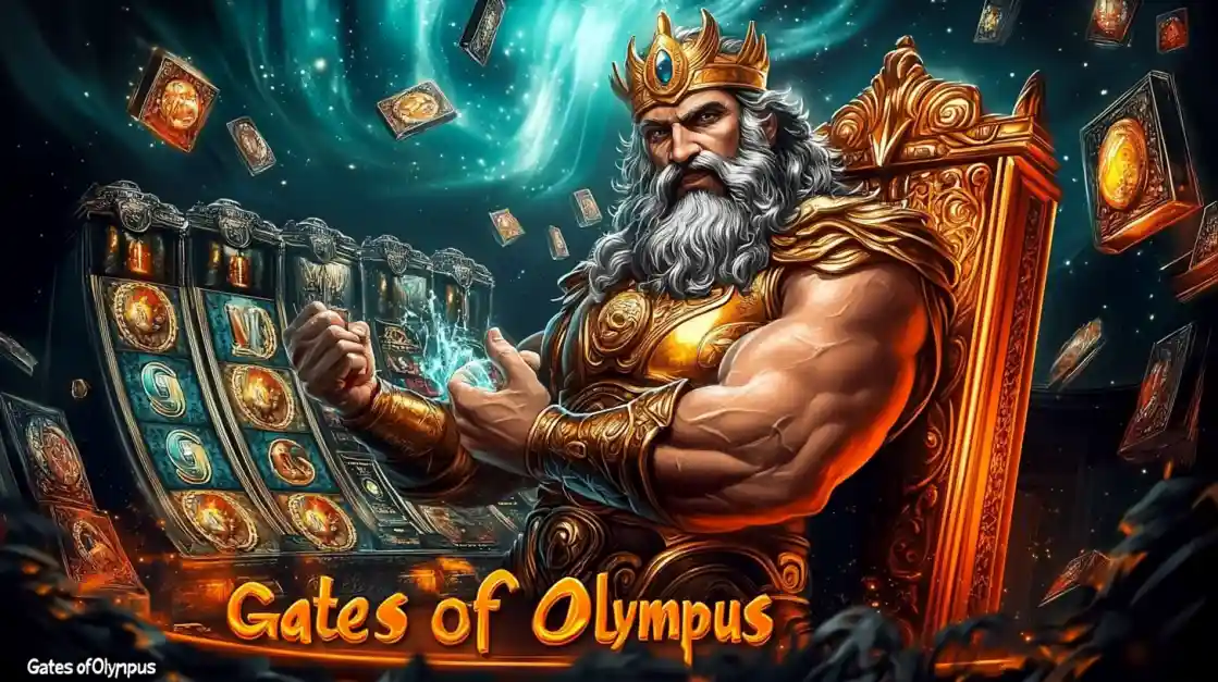 A majestic Zeus figure on a golden throne, surrounded by floating cards and a tk111 slot machine, with Gates of Olympus prominently displayed, inviting players to a mythical gaming experience.