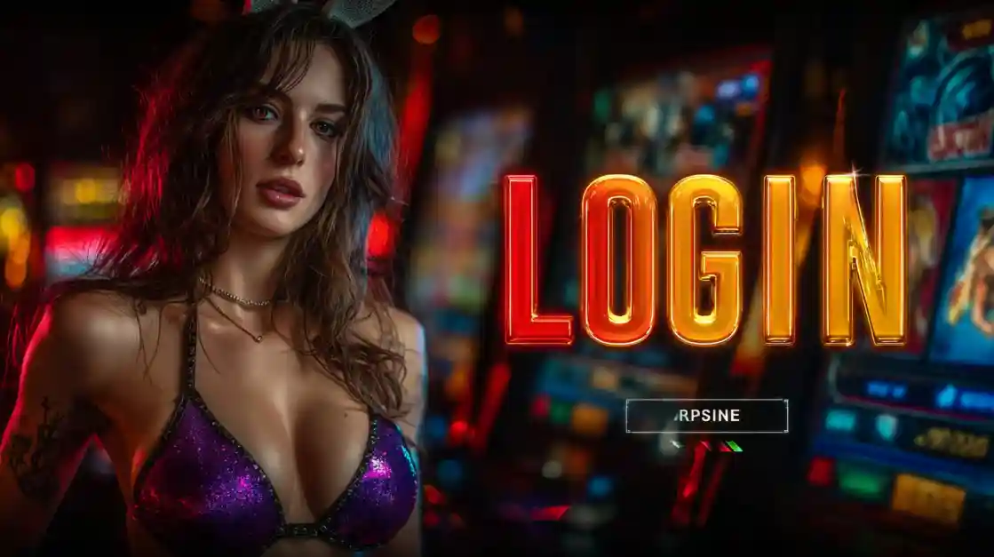 A captivating woman in a shimmering top stands beside a prominent LOGIN interface, with tk111 slot machines softly blurred in the background, inviting users to enter the world of tk111.