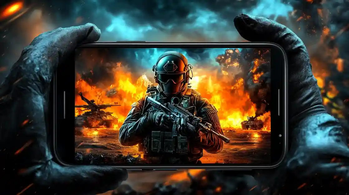 Hands holding a smartphone displaying an intense military shooter game with a soldier amidst explosions and tanks, showcasing the immersive action available on tk111.