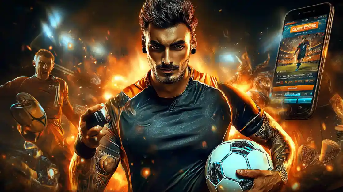 An intense male soccer player with tattoos holds a football, looking confidently at the camera with a tk111 sports betting app on a phone beside him, all set against a fiery action background.