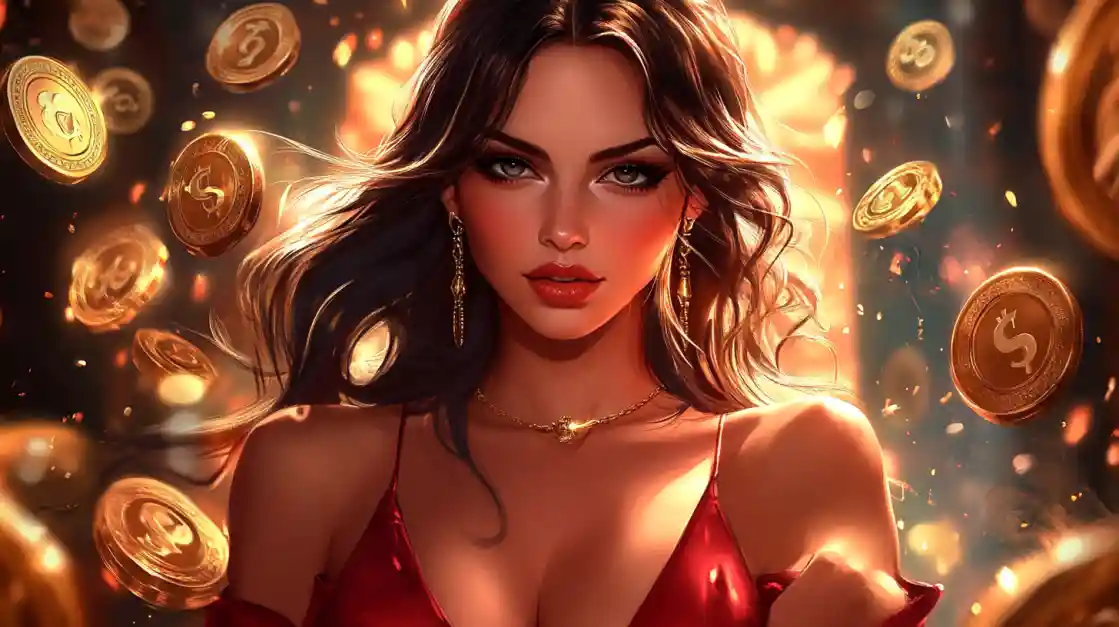 A stunning woman in a red dress, adorned with delicate jewelry, looks directly at the viewer as a shower of golden tk111 coins rains down around her, symbolizing big wins.