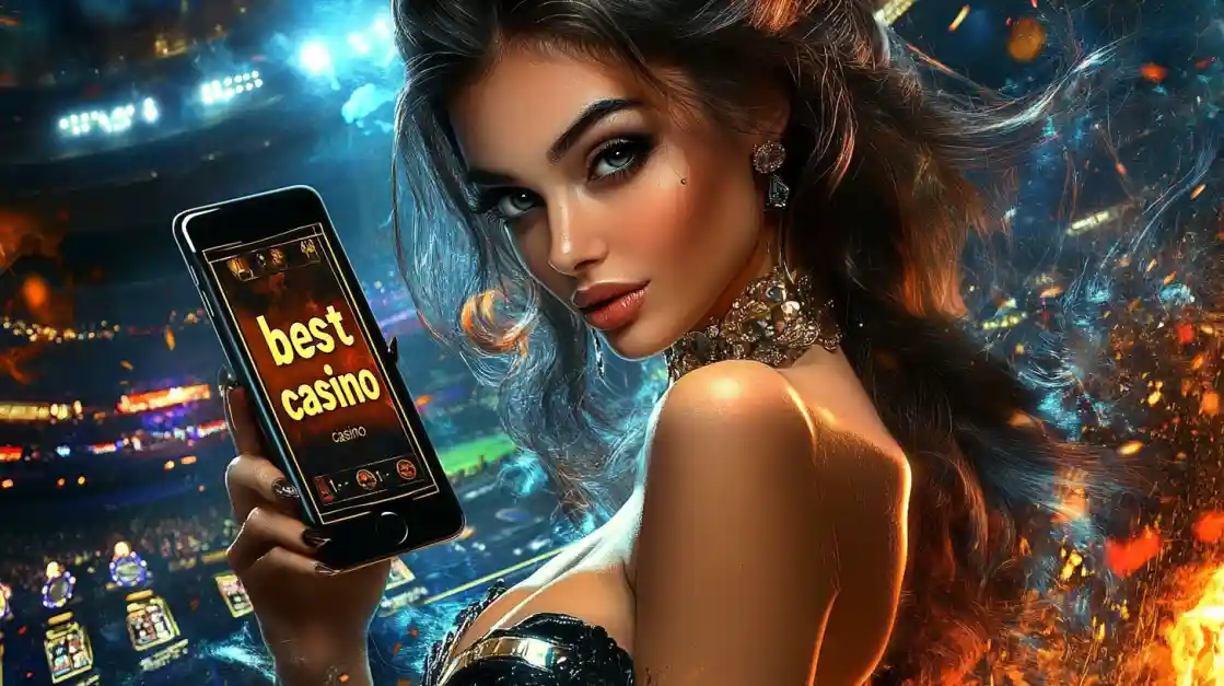 An alluring woman holds a smartphone with the best casino app from tk111 glowing on the screen, set against the backdrop of a brightly lit stadium and ambient flames.