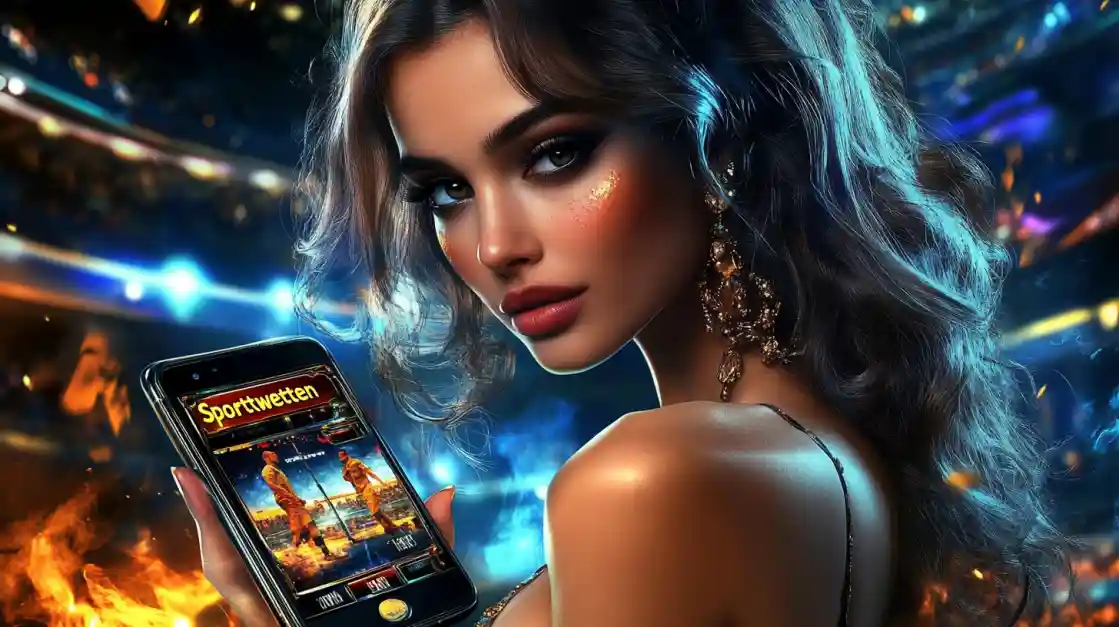 A glamorous woman with elegant makeup looks over her shoulder, holding a smartphone displaying the tk111 sports betting app against a vibrant stadium backdrop with fire effects.